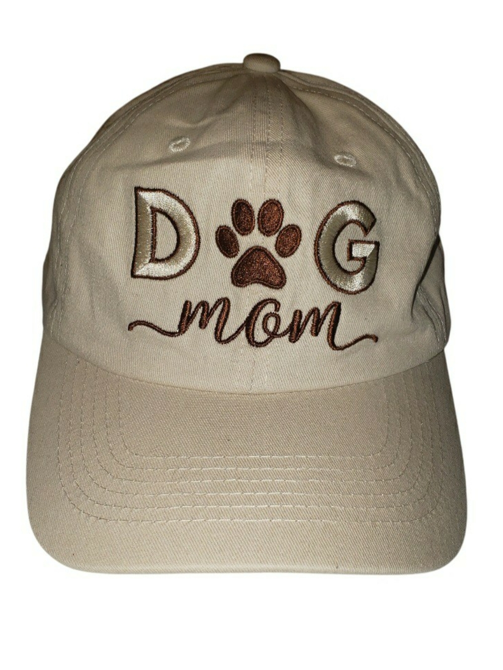 Dog Mom Embroidered Baseball Hat - Beige with Brown Accent